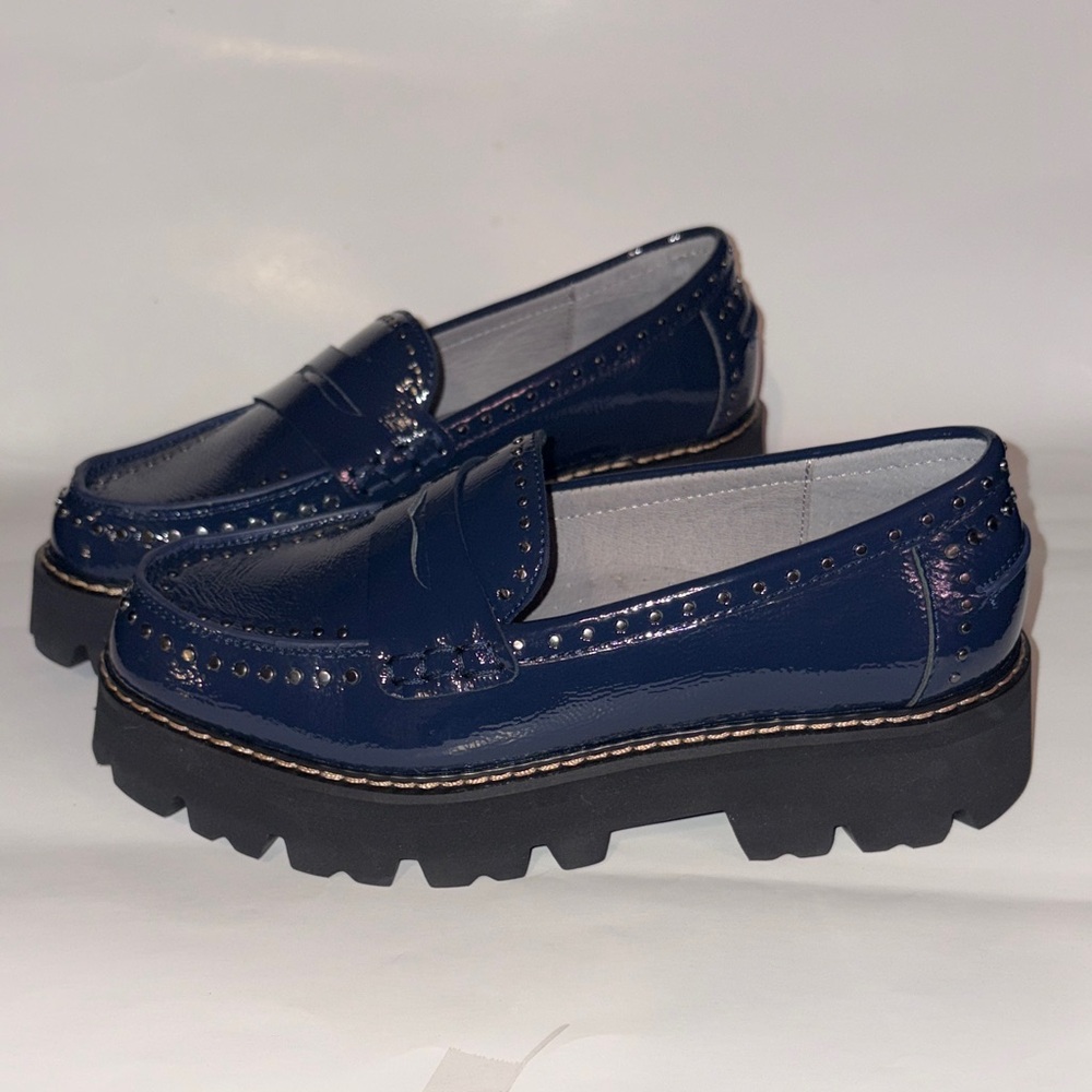 Patent Leather Massy Lug Sole Penny Loafers-Navy Blue - Picture 2 of 8